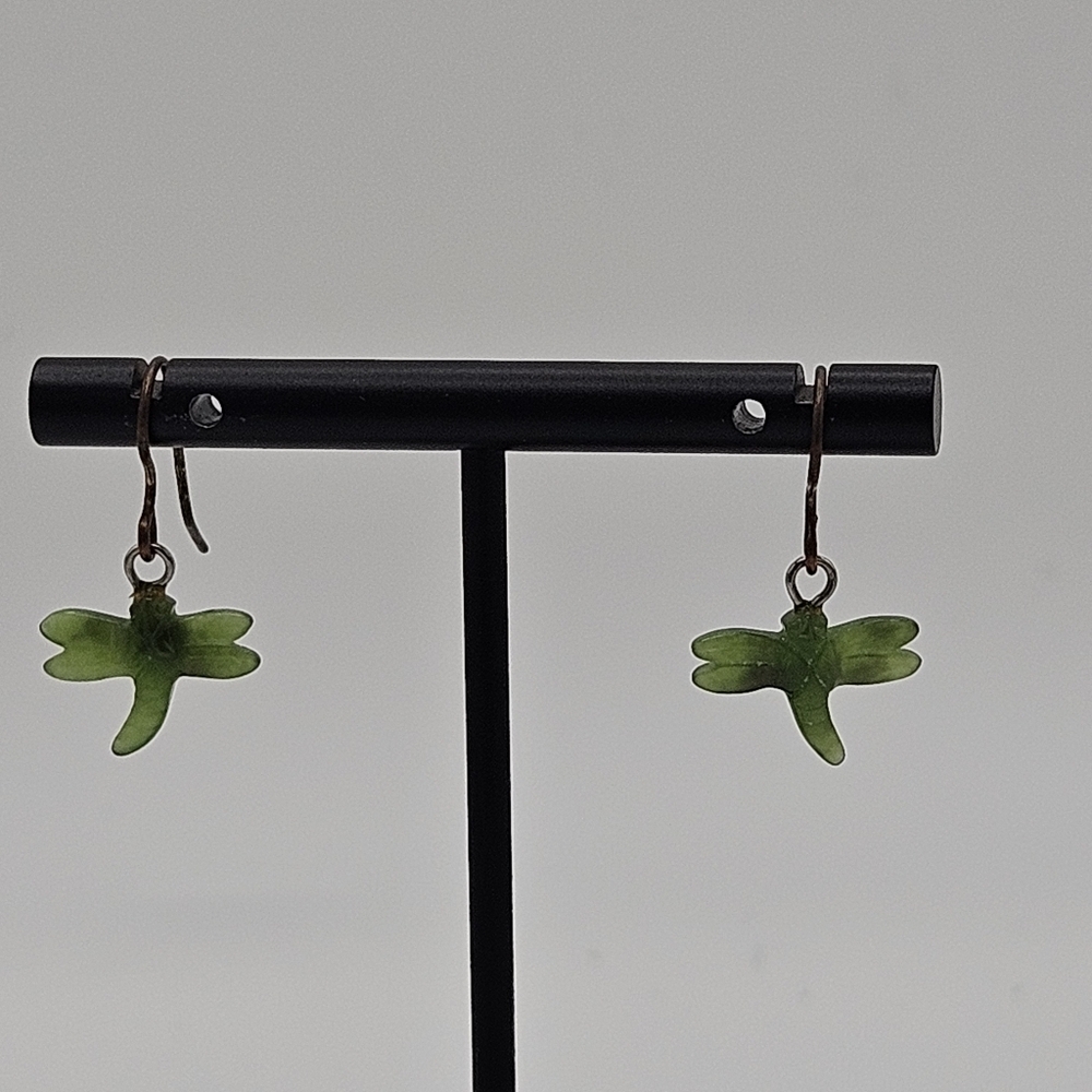 green carved stone dragonfly earrings